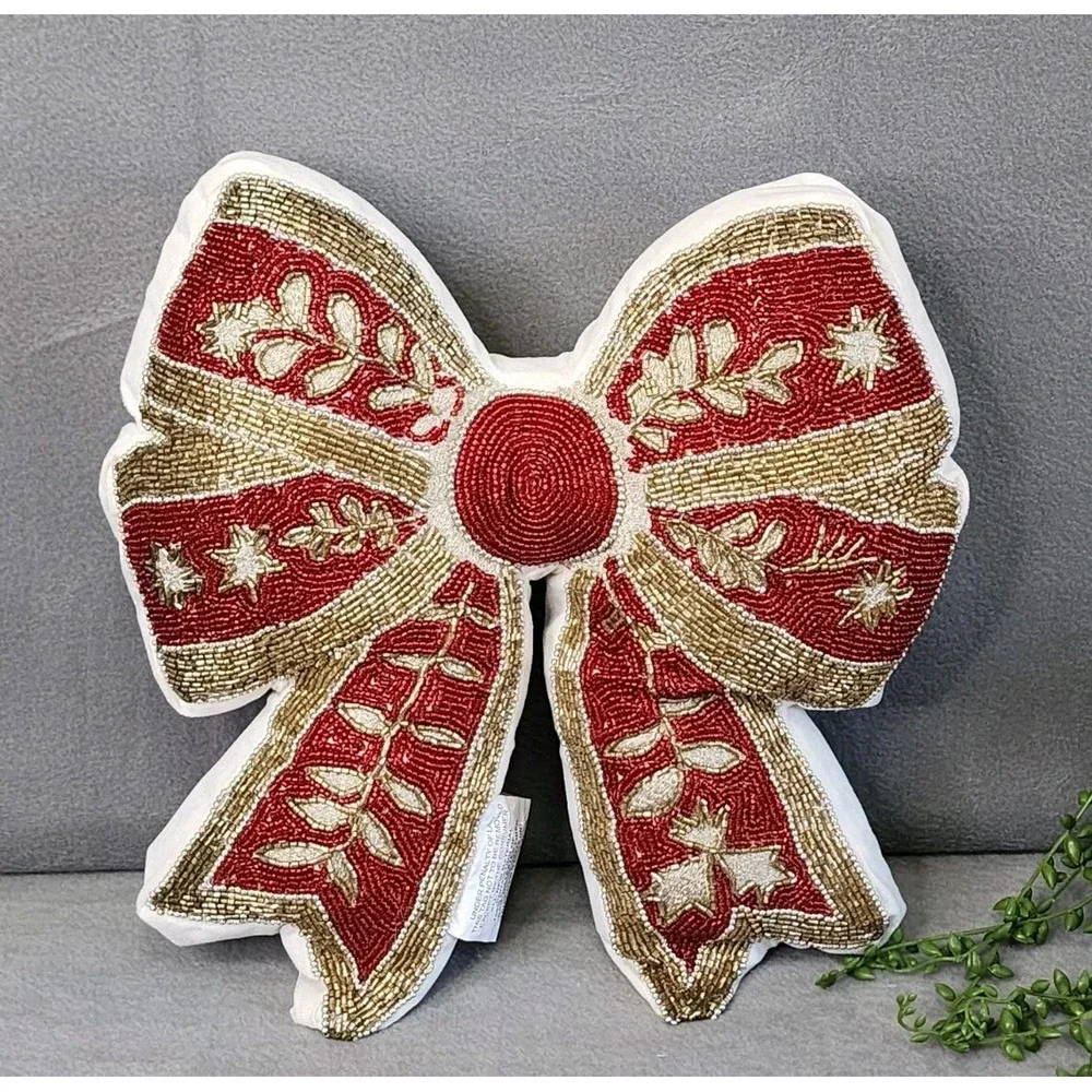 Christmas Red Gold Beaded Bow Coquette Decorative Pillow Home‎ Decor 16x16 NEW